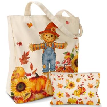 Imagem de Miss Adola Pacote com 2 sacolas de lona – com bolsa de maquiagem estética fofa feminina reutilizável bolsa de lona para compras, trabalho, viagens, Abóbora de palha, One Size