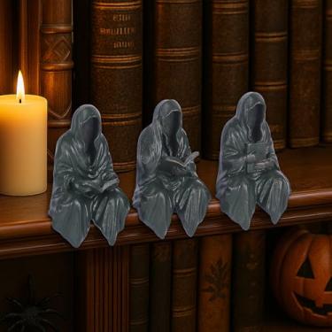 Imagem de Reading Statue Suriel Bookshelf Figure Set of 3, Gothic Fantasy Black Robe Statue, Mystery Reading Figurines Sitting Sculpture for Shelf - Halloween Shelf Trinkets Dark Academia Decor Aesthetic