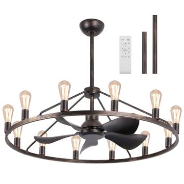 Imagem de PAZALA Ventiladores De Teto Grandes De 44" Com Luzes, Lustre De Roda De Carroça, Preto Clássico, Ventilador De Teto De Fazenda Rústica De 12 Luzes, Ventiladores De Teto Industriais Com Luzes Para Sa