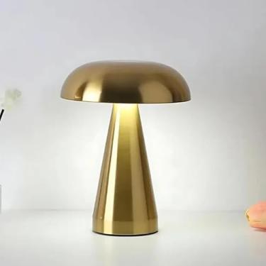 Imagem de Luminária de Mesa LED Cogumelo Retrô – Abajur com Sensor Touch, Recarregável, Luz 3 Cores e Decoração Ambiente (Dourado)
