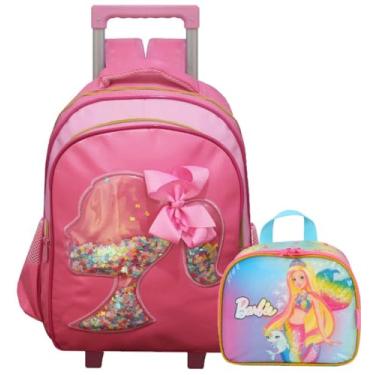 Imagem de Mochila Escolar Infantil Com Rodinha G Rosa Kit Mochila Boneca Laço 3D Meninas Rodinhas Impermeável Lancheira Térmica