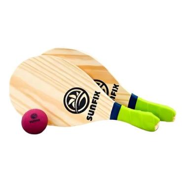 Imagem de Jogo Frescobol 2 Raquetes Madeira Pinus + 1 Bola Tênis de Praia Cores 