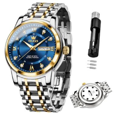Imagem de OLEVS Relógio masculino pulseira de aço inoxidável impermeável 30 m calendário luminoso fragrância algodão para trabalho e ocasiões casuais popular, Ouro e azul - 5513x