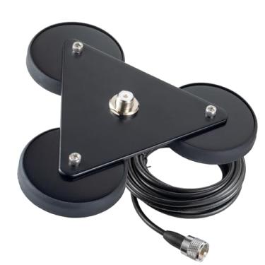 Imagem de Conector SO-239 de montagem de base magnética super forte triângulo de 22,4 cm resistente com cabo de 16,4 m, plugue PL-259 para carro, ônibus, celular, estação base de amador, rádio, caminhão, antena