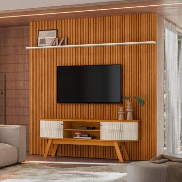 Imagem de Painel Piso Teto New Guaporé com Rack Bancada Valência New Laguna Ambiente Cinamomo Off White - Madetec