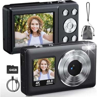 Imagem de Câmera Digital 4K para Fotografia, Câmera Vlogging de 64 MP para YouTube, Tela Dupla, Cartão 64G, foco automático, zoom digital de 18x, câmeras digitais compactas para viagens/adolescentes