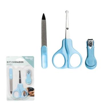 Imagem de Kit Cuidados Bebe Azul Kids 3 Peças Tesoura Lixa Cortador
