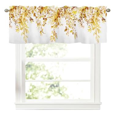Imagem de Cortinas de cozinha de folhas de eucalipto outono para janelas Dia de Ação de Graças Folha Laranja Pequena Janela Valance Colheita Casa de Fazenda Cortina de Bolso de Haste Curta para Sala de Estar