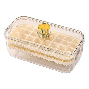 Imagem de Bandeja de cubo de gelo com tampa e bin 64 grade dupla camada de silicone cubo de molde de cubo de molde com colher para freezer grande capacidade para fazer ite (Amarelo claro)