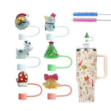 Imagem de 6 peças de tampas de palha de Natal com glitter para copo Stanley, tampas de palha de silicone de 0,4 pol/10 mm compatíveis com copos Stanley de 30 e 1,134 g, tampas de canudo reutilizáveis