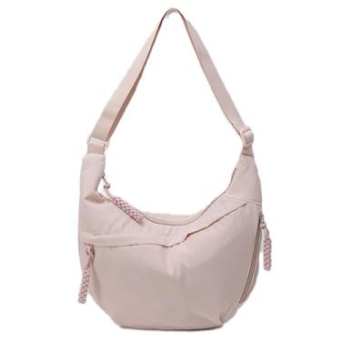Imagem de Bolsa Hobo para mulheres e homens, bolsa de ombro crescente, retrô, de lona de nylon, bolsa transversal de veludo cotelê despojado, Rosa claro
