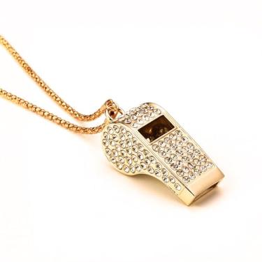 Imagem de Apito brilhante, apito de strass de cristal de metal, apito brilhante com corrente para decoração, apito elegante para treinadores, árbitros, professores, esportes, salva-vidas (ouro)