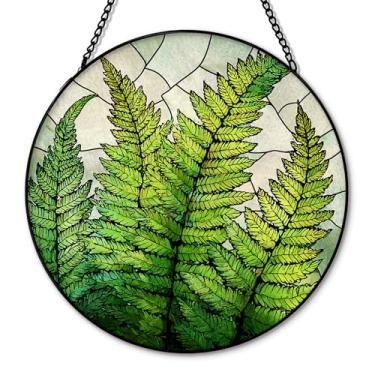 Imagem de Hxlac Apanhador solar de samambaia para pendurar em vitrais, presentes para amantes de plantas, apanhadores de sol, decoração de parede redonda, decoração de parede, planta de samambaia, botânica