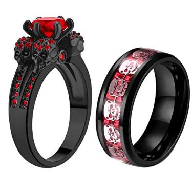 Imagem de Ringskull 2 anéis de caveira para ele e ela anéis de casal esqueleto preto vermelho CZ anel de casamento feminino punk aço titânio alianças de casamento masculinas, women size6 & men size8, Metal
