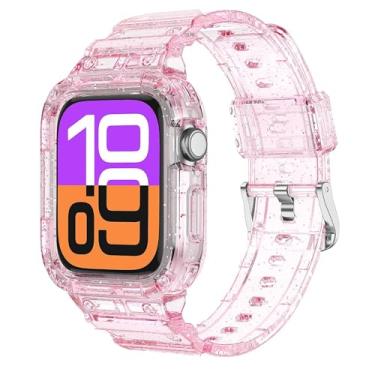 Imagem de Compatível com Apple Watch Series 10 de 46 mm e 42 mm com glitter cristalino, pulseira de TPU (poliuretano termoplástico) transparente com capa, pulseira de reposição para relógio esportivo (rosa