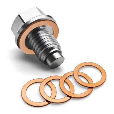 Imagem de PACLVIO Bujão de drenagem de óleo magnético M12 x 1,75, plugue de drenagem de cárter de óleo, parafuso de porca de depósito de aço inoxidável com arruela de esmagamento de cobre, acessórios
