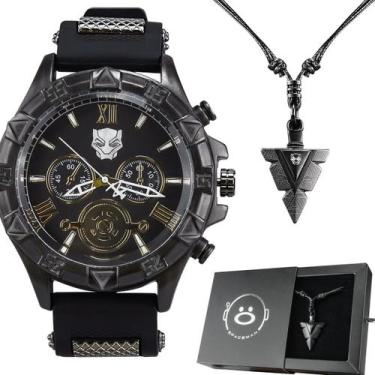 Imagem de relogio masculino aço inox pantera preto + cordão corrente casual orig