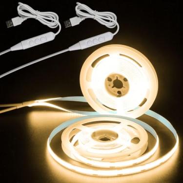 Imagem de Aclorol Fita de LED COB 5V USB 2M 640LEDs, luzes de fundo de LED reguláveis, branco quente 3000K com 8 mm de largura, cortável para armário de exibição, sala de estar, entretenimento, decoração de