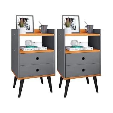 Imagem de Mesa kit 2 cabeceira dream design moderno, pés preto cinza detalhe em madeira decoração sala estar jantar quarto cama lateral suporte criado armário