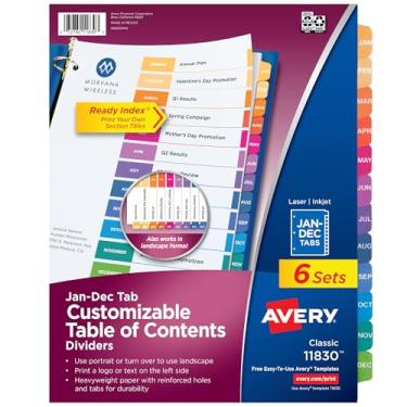 Imagem de Divisórias mensais Avery para 3 anéis, mesa de conteúdo personalizável, abas multicoloridas, 6 conjuntos (11830)