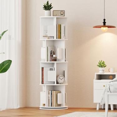 Imagem de CozyDH Estante giratória de madeira maciça, 4 camadas, estante giratória redonda, prateleira de livros giratória de 360°, torre para crianças, estantes estreitas para pequenos espaços, canto, quarto