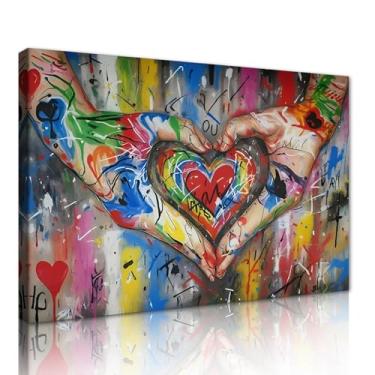 Imagem de MAMAGO Arte moderna em tela grafite coração vermelho impressão rua pop art Banksy decoração de quarto amor decoração de parede arte romântica para mulheres emoldurado pronto para pendurar - 61 x 91 cm