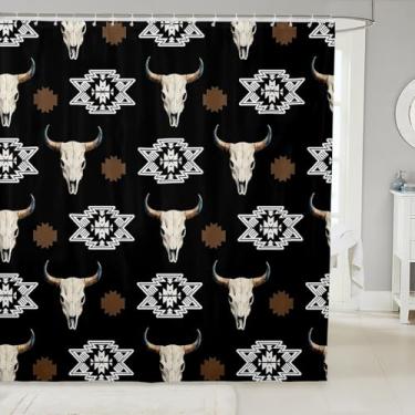 Imagem de Feelyou Cortina de banho Black Bull Skull 183 cm x 213 cm, acessórios de banheiro asteca ocidental para meninos e meninas, boêmia do sudoeste, boho, caubói selvagem, tribal, rústico, cortina de