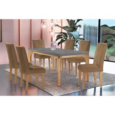Imagem de Conjunto: Mesa Sala Jantar Londrina c/ Tampo Madeirado c/ Vidro Canto Curvo 180x90cm e 6 cadeiras Amsterdã Imbuia/Grafite - Suede Capuccino - Rufato