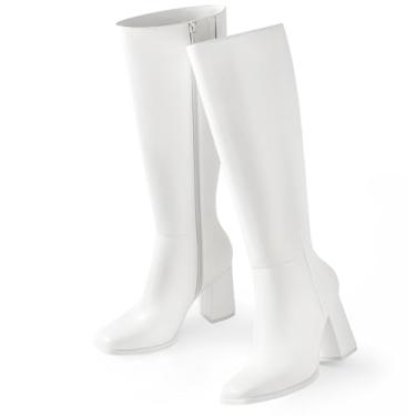Imagem de Ankis Botas de cano alto femininas bico quadrado salto alto grosso com zíper lateral botas longas, Poliuretano branco, 35