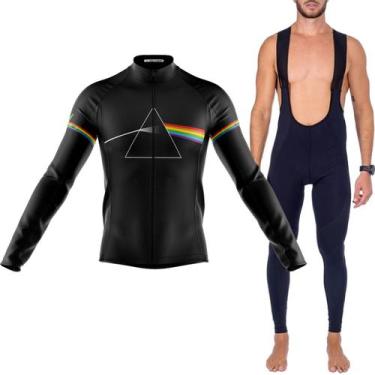 Imagem de Kit Bretelle Camisa Ciclismo Pink Floyd Manga Preta Longa Dryfit Forro