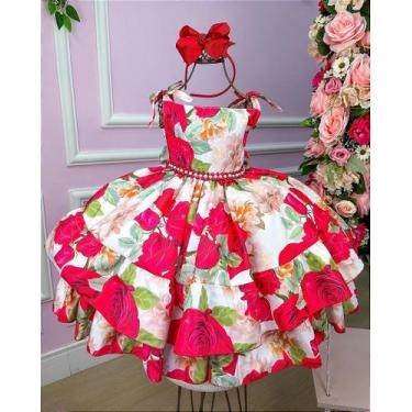 Imagem de Vestido Infantil Floral Vermelho Festa Luxo - Tecido Tecnosoft - Fabul