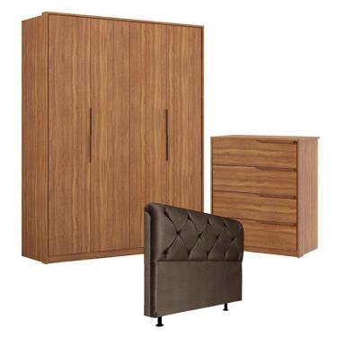 Imagem de Guarda Roupa Attore 4 Portas e Cômoda Atria Amêndola com Cabeceira Daiana 160 cm Marrom  – Demartêz