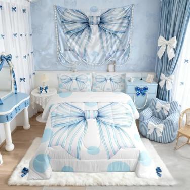 Imagem de Jogo de cama infantil kawaii, com laço e laço fofo, edredom de princesa, azul, 2 fronhas