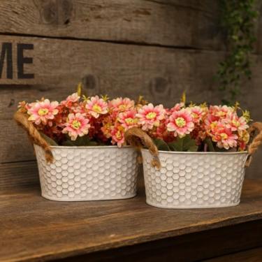 Imagem de Kit 2 Vasos Decorativos em Alumínio com Flores Artificiais, Branco Texturizado, 10x9x10cm, Margaridas Rosa