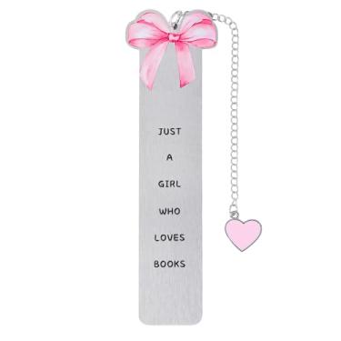 Imagem de Marcador de página de aço inoxidável com laço rosa - impresso com lindos padrões de laço e equipado com pingentes de coração, ideal para leitoras, presente de aniversário perfeito para namoradas