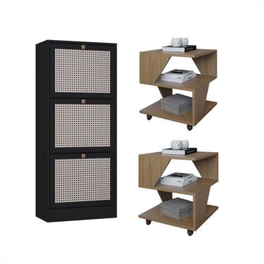 Imagem de Kit Sapateira Spin Tropical 3 Portas E 2 Mesas De Cabeceira Carvalho/preto