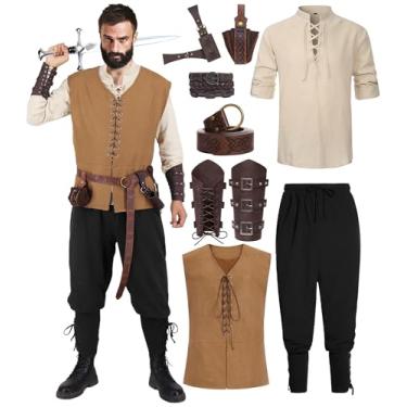 Imagem de RAAIBB Fantasia renascentista masculina medieval viking de Halloween fantasia de pirata arqueiro cosplay conjunto de roupa, Conjunto de fantasia com colete marrom claro, G