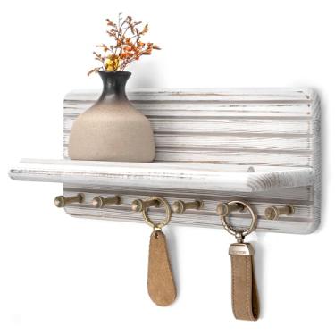 Imagem de Rebee Vision Suporte de parede decorativo de madeira de pinho para apartamentos essenciais – Porta-chaves de madeira de pinho para parede com 6 ganchos e prateleira flutuante – Decoração moderna de