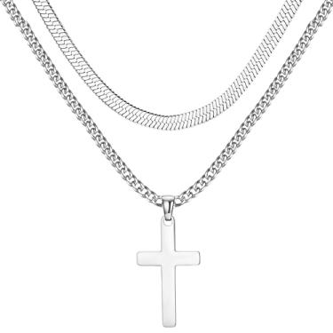 Imagem de Colar de cruz para homens e meninos – Corrente de crucifixo em camadas de aço inoxidável banhado a ouro 14K, prata e preto, corrente cubana, corrente de espinha de peixe, pingente de cruz, joias