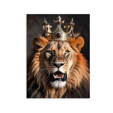 Imagem de SDYJ6GSW Rei leão com arte de parede em tela imagens de leão poderosos animais selvagens coroas douradas impressões masculinas quarto escritório sala de estar decoração 90 x 70 cm (36 x 28 pol) sem