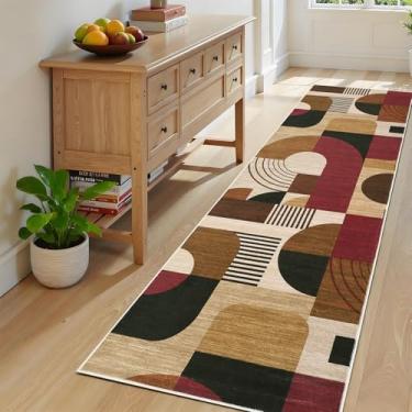 Imagem de Tapetes de corredor de 6 x 20 cm, estampa geométrica boho, lavável, corredor, tapete de entrada longo, macio, de pelo baixo, antiderrapante, tapete de cozinha para quarto, lavanderia, bordô/marrom