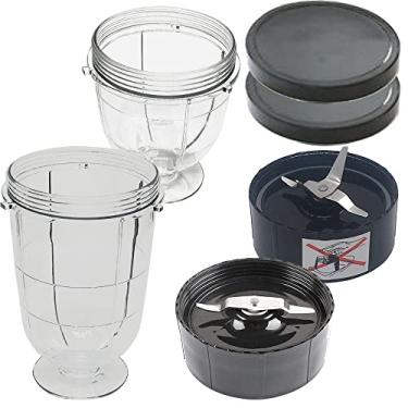 Imagem de Pacote com 1 copo alto de 473 ml, copo curto de 1 peça, 1 lâmina cruzada, 1 lâmina de fresagem, 2 peças de substituição de tampa de vedação, compatível com liquidificador, espremedor e misturador