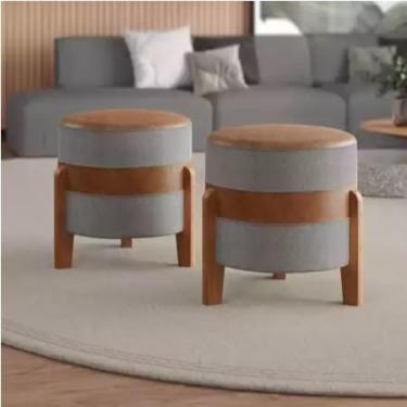 Imagem de Kit Puff Apolo Linho pés madeira 2unidades banco banqueta (CINZA/MARROM)