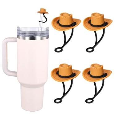 Imagem de 4 capas de palha CowHat para canudos reutilizáveis de 7 a 10 mm, tampas decorativas de palha CowHat para copos Stanley (marrom)