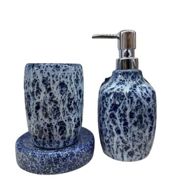 Imagem de Kit Banheiro 3 Peças em Porcelana/Ceramica, Base Redonda, Dispenser de Sabonete 350ML e Porta Escova, Estilo Europeu, Azul Marmorizado, para Decorar Hotel, Casa, Banheiro