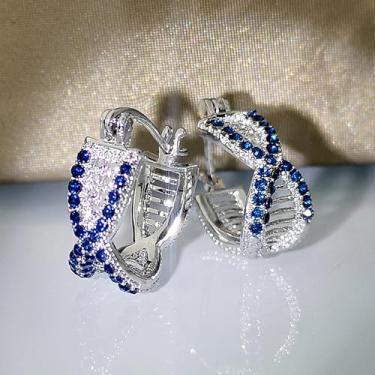 Imagem de Brincos de argola com design de cruz de luxo com zircônia cúbica azul/branca, acessórios modernos para mulheres, 0.71, Latão, Zircônia cúbica