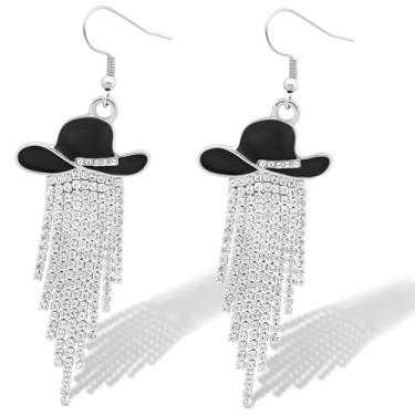 Imagem de Western Cowgirl Chapéu Esmaltado Brilhante Strass Borla Brincos Pendentes Baile Country Concertos Rodeio Cowboy Roupas Joias Presente para Mulheres, Borlas de Prata, Chapéu Preto