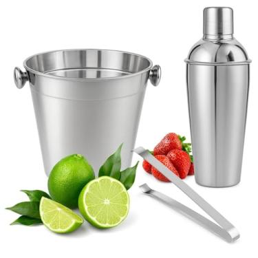 Imagem de Kit Bar Drinks em Aço Inox, 3 Peças, Coqueteleira e Balde de Gelo com Pegador