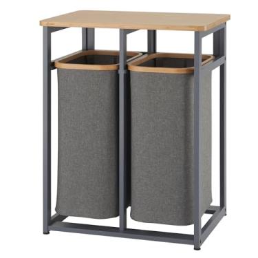 Imagem de TRINITY EcoStorage Estação organizadora de lavanderia de madeira de bambu com prateleira dobrável e 2 sacos removíveis para cestos, cinza escuro