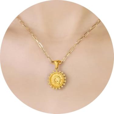 Imagem de Colar com inicial para mulheres, colar com pingente de letra, corrente de clipe de papel, joia de monograma, moeda do alfabeto, pronto em camadas, 14+2in, Aço inoxidável, Sem Pedra Preciosa